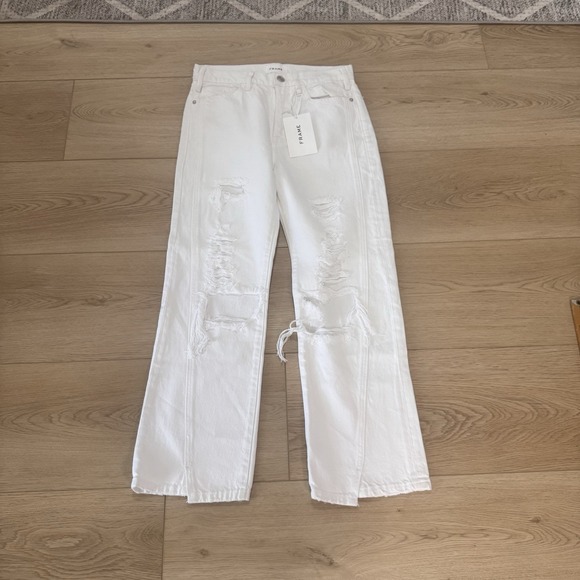 Frame Denim Denim - Frame Le Jane Jeans Women's 26 Cream Denim High Rise Frayed Hem Wide-Leg NWT$278